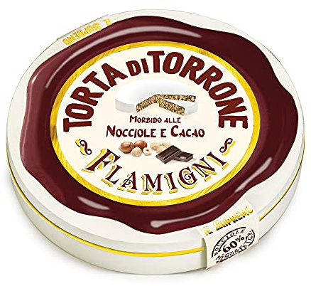 FLAMIGNI, Tortina Artigianale di Torrone Supremo Morbido al Cacao e Nocciole Piemonte IGP in Lattina, più Morbido e con Quantità Maggiore di Frutta Secca al 60%, Confezione Ideale come Regalo, 200 gr