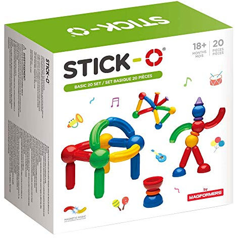Stick-O magnetische Bausteine für Kinder ab 1 Jahre, kreatives Konstruktionsspielzeug, Lernspielzeug mit Magnet, 36 Modelle für Mädchen und Jungen, Montessori Spielzeug, 20 Teile Set,