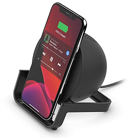 Belkin SoundForm Charge, Altoparlante Bluetooth con supporto di ricarica wireless, ricarica e ascolta la musica, guarda video in streaming o partecipa a videochiamate - Nero