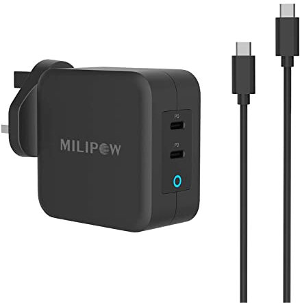 MiliPow 100W USB C Charger, 2-Port PD GaN Fast Charger USB C Adapter Compatible with MacBook Pro/Air 16 15 12 13, Dell XPS, iPad Pro, iPhone 12 Pro/11/XS, Chromebook, etc. (Black)