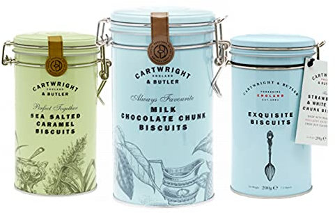 Cartwright & Butler | Trio di barattoli per biscotti | Presentato nelle nostre scatole riutilizzabili con coperchio a clip | Include pezzi di cioccolato al latte, caramello salato e fragola e biscotti