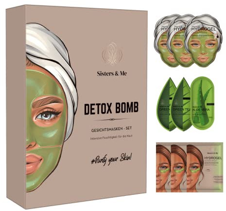 Sisters & Me 9x Masken Set,Detox Gesichtsmaske für unreine Hau reichhaltige Masken hochdosierte Augenpads gegen Augenringe,Tuchmasken Hydrogel Masken,Anti Pickel und Poren,Premium Masken Set