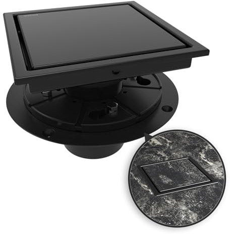 WEBANG 15,2 cm quadratischer Duschablauf schwarz Bodenablauf mit Flansch wendbare 2-in-1-Abdeckung Flieseneinsatzrost Abnehmbarer SUS304 Edelstahl CUPC zertifiziert Mattschwarz