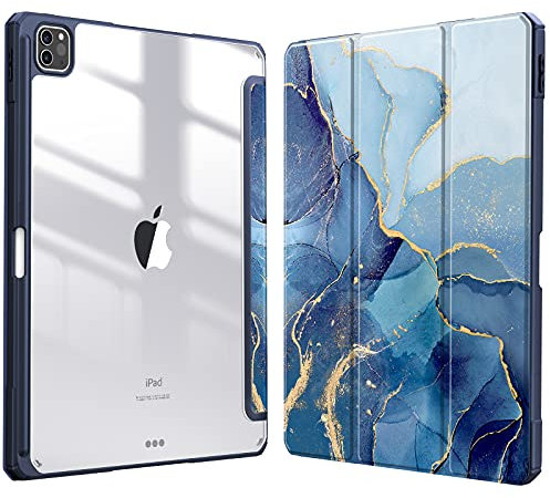 FINTIE Hybrid Case Compatible with iPad Pro 12.9 inch (2022/2021/2020/2018, 6th/5th/4th/3rd Generation) - Shockproof Clear Back Cover with Pencil Holder, Auto Wake/Sleep, Ocean Marble