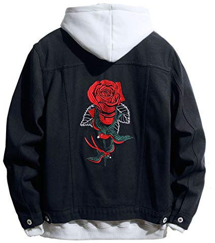 Sanykongy Hommes Rose Fleur Oiseau Broderie Noir Jean Veste Tendance Denim Manteau Top Outwear, Noir , L