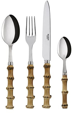 Sabre Paris | 24 pièces, Set de couverts de table pour 6 Personnes Panda - Bois clair - Couteaux, fourchettes, cuillères à soupe et petites cuillères en Acier Inoxydable, manche en véritable Bambou