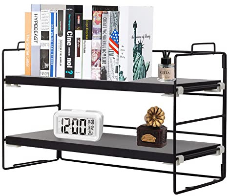 powerking Desk Shelf Organiser, 2 Tier Black Painted Metal Frame and Black Teak Board Desktop Shelves, wooden Multipurpose Display Bookcase Storage Rack for Table, Office and Reading Room