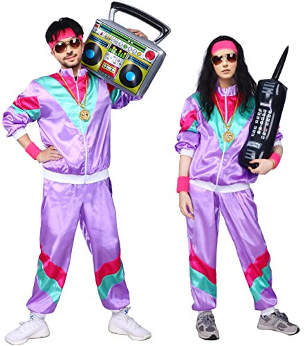 Kicpot 80er-Jahre-Kostüme für Damen und Herren, Retro-Jacke, Muschel-Anzug, Party, Retro-Trainingsanzug, 90er-Jahre, Hip-Hop-Kostüme für Damen (Lila, S)