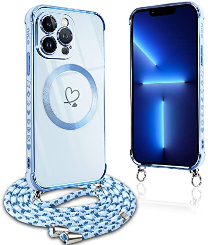 Pnakqil Handykette für iPhone 13 Pro Hülle mit Band, Kompatibel mit MagSafe, Handyhülle Ultra Dünn Silikon Magnetisch mit Herz Love Muster Schutzhülle mit Kordel für iPhone 13Pro 6.1 Zoll, Blau