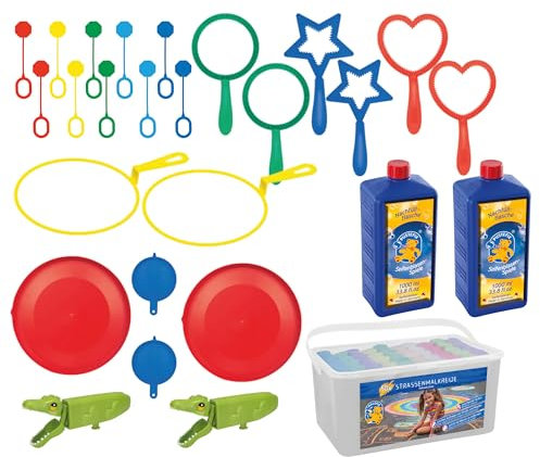 Pustefix Ringe Set 3 + MALEFIX Straßenmalkreide 50er - Verschiedene Ringe + 2 x 1L Nachfüllflüssigkeit für Seifenblasen + Box bunte Kreide Farben