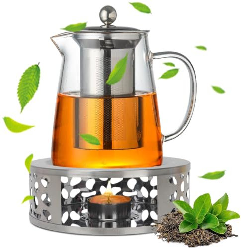 LOMUG Teekanne mit Stövchen, 1300ml Teekanne Glas mit Siebeinsatz und Stövchen,Tee Stövchen aus Edelstahl Borosilikatglas Teebereiter Teewärmer Teekanne Suit Tee Kanne Set für Schwarzen Tee Grüner Tee