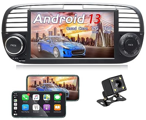 Autoradio Car play per Fiat 500 2007-2016 Bluetooth Android 13, per Fiat 5001DIN Stereo 7 4-Core 16 Go ROM Radio sostegno/NAVI/GPS/WiFi/BT/Radio/TPMS/FM/USB/DAB (nero)