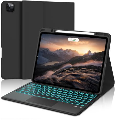 Teclado con Trackpad para iPad Pro 12.9, Teclado Táctil Retroiluminado Bluetooth Inalámbrico con Funda y Portalápices para iPad Pro 12.9 Pulgadas 2022/2021/2020/2018(6.ª/5.ª/4.ª/3.ª Gen), Negro