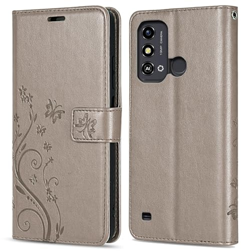 betterfon Hülle Kompatibel mit ZTE Blade A53 / A53+ | Premium PU Leder Handyhülle Wallet Case für Blade A53 / A53+ | Schutzhülle Blumen Klapphülle Handyhülle | Grau