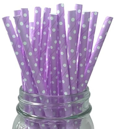 SHARRLA Paper Straws 25pcs, Biodegradable Recyclable Drinking Straws for Wedding | Birthday Party Straws for Cocktail, Holiday, Coffee, Soda, Baby Shower Suppliers (Light Purple with White Dots)