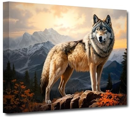 LZIMU Wolf Wandbild Wolf im Berg Leinwand Kunstdrucke Wald Sonnenaufgang Tierbild abstrakte Tiere Poster für Heimdekoration (B, 40.00 x 60.00 cms)
