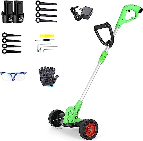 Tondeuse à gazon électrique, 2 lames de style maison petit jardin tondeuse à gazon 12V tondeuse à gazon sans fil à conducteur marchant avec rouleaux désherbeur rechargeable réglable à 3 vitesses