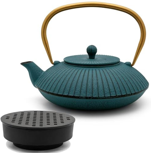 Bredemeijer blaue flache Teekanne 1.1 Liter Gusseisen - Gusskanne Set im asiatischen Design & Edelstahl Tee-Filter Sieb-Einsatz für losen Tee & Teewärmer
