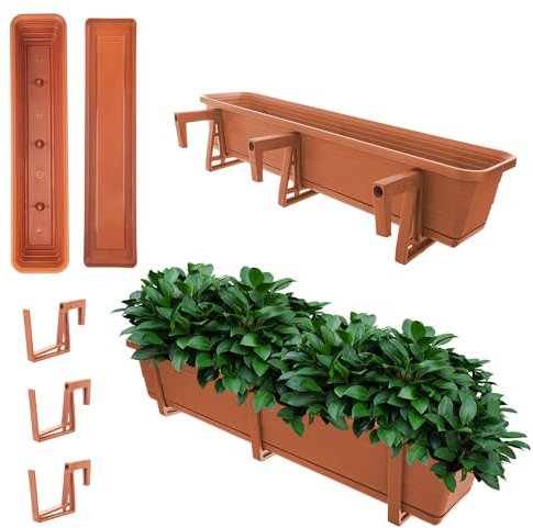 KADAX Jardinière avec soucoupe, avec ou sans supports de jardinière, pot de balcon en plastique, bac à plantes, jardinière de balustrade, pot de fleurs (rouge brique, 80 cm + supports), K10024