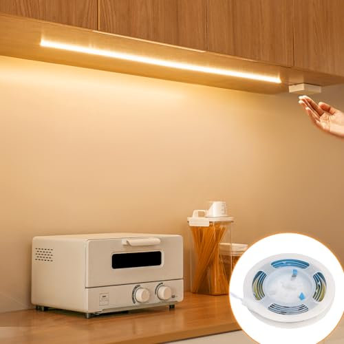StarryEver 1 Stück COB Led Strip Batteriebetrieben,1M 320 LED Streifen 90+ Farbwiedergabeeffizienz, 2700K Warmweiß Selbstklebend Lichtleiste für Schränke, Treppen, Betten,Waschküche