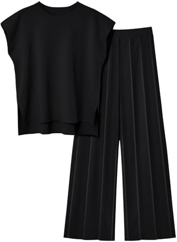Veriliss 2 Teilig Outfits Für Damen Pullover Sets Strickpullover Tops Elastische Taille Hosen Lounge Sets Trainingsanzug(Schwarz,S)