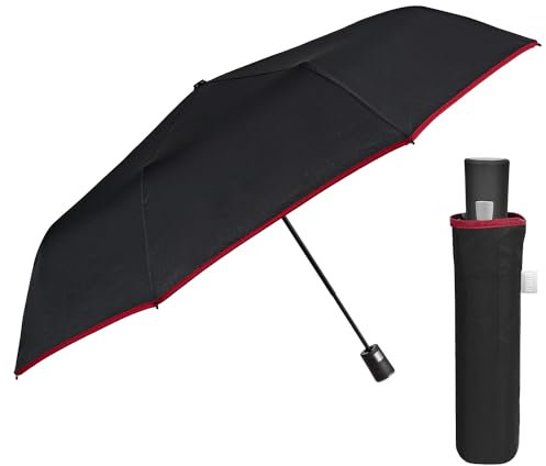 PERLETTI Petit Parapluie Homme Pliant - Parapluie de Poche Monsieur Ouverture Automatique Poignée Golf - Ombrelle Incassable Anti Tempête - Diamètre 96 cm (Noir Bordure Rouge)