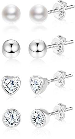 ASH'S CHOICE 4 Paar Multipack Ohrstecker Set Damen - Silber 925 Ohrringe mit Medizinischen Piercing, Kugel, Herz und Perlen Zirkonia Ohrstecker