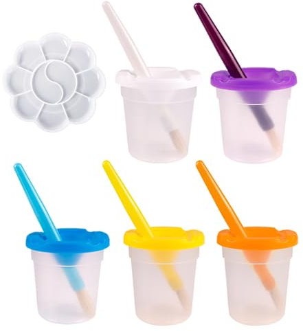5 Pcs Color Mixing Cups, 5 Pcs Painting Brushes, 1 Pc Color Palette, Plastic Brush Washing Cup, Color Mixing Cup With Lid, Children'S Painting Jar, Children'S Painting Tools