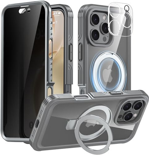 Oterkin 360° Protection Magnetic for iPhone 16 Pro Max Case Built-in 9H Privacy Screen Protector & Metal Stand[Fit for Magsafe][Lens Protector] Heavy Duty Shockproof Case for iPhone 16 Pro Max, Gray