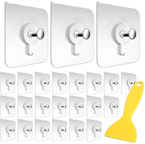 25Pcs Adhesive Picture Hooks No Nails, 8mm Sticky Transparent Waterproof Picture Hanging with Scraper, Heavy Duty Photo Frame Hooks for Wall for Pictures, Frames and Wall décor, Max Bearing 5kg