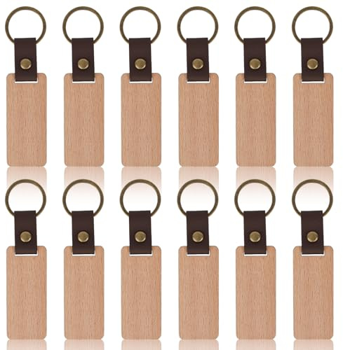 Lot de 12 porte-clés rectangulaires en bois avec sangle en cuir, porte-clés en bois vierge personnalisés, porte-clés rectangulaires pour gravure, porte-clés en bois pour bricolage, artisanat, peinture