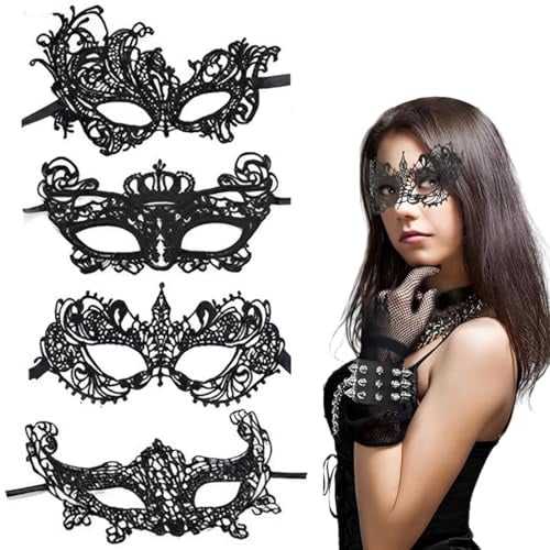 BQRKOTM 4 Stück Elegante Venezianische Maske Schwarz – Maskenmasken Spitze, Verführerisches Damen Accessoire für Maskerade, Karneval, Cosplay, Abschlussball Zubehör