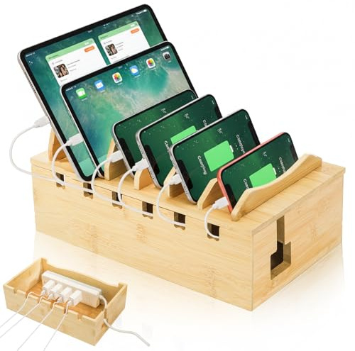 WRINGKIT Bamboo Charging Station for Multiple Devices, Hold 6 Devices | Desktop Charging Docking Stations Organizer with Removable Divider Slots, Compatible with Tablets, iPads, Cell Phone, Laptop