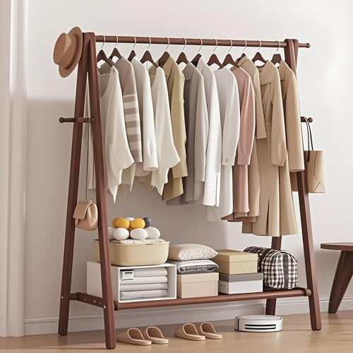 Cutfouwe Holz Kleiderständer Garderobe, große Faltbare hängende Kleidung, Stand Kleiderständer mit Lagerung Regal, Kleidung Lagerung, Home Organisation, natürliche Buche,47