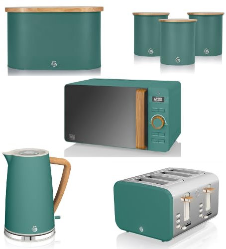 Swan Nordic Green 1.7L Jug Kettle, 4 Slice Toaster, 800W 20L Digital Microwave, Bread Bin & Canisters. Scandinavian Inspired Design Matching Kitchen Set of 7 in Pine Green