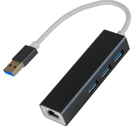 Kompakter USB-A-Hub mit 3 USB 3.0-Anschlüssen und RJ45-Gigabit-Anschluss. Robustes Material, geeignete Maßnahmen. Entwickelt für: Anschluss von Geräten und Netzwerken
