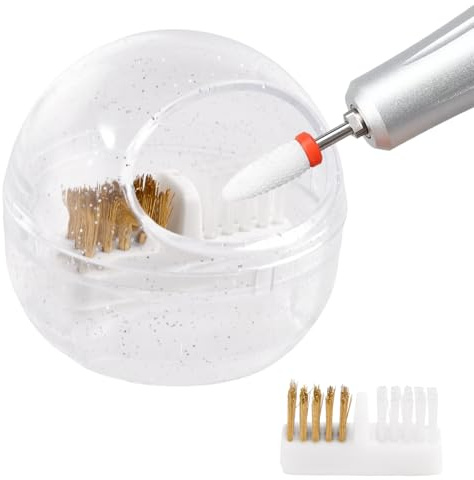 LEONTOOL Nail Drill Bit Cleaner Brush Case with Copper Wire & Nylon Double Brush, Clear Protect Cover, Nail Art Cleaner Tool with Replacement Brushes for Cleaning Carbide/Ceramic Nails Drills Head