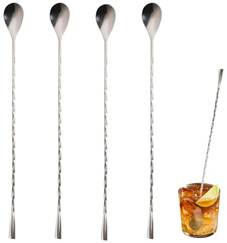 4 PCS Cocktail Stirrers, Stainless Steel Long Bar Spoons, Drink Stirrers with Spiral Pattern Teardrop End Design, for Mixing Cocktails and Lattes, Silver Spoons for Bar and Home Use