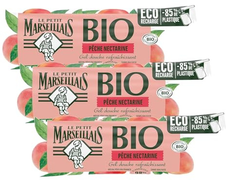 Le Petit Marseillais – Recharge Gel Douche Rafraîchissant Certifié BIO Pêche Nectarine (lot de 3 berlingots de 250 ml) – 98% d'ingrédients d'origine naturelle et pH neutre pour la peau – Éco-recharge