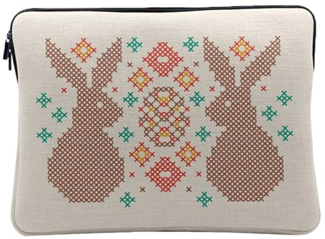 Housse Ordinateur et Tablette Aspect Lin - Lapin Cross Stitch Illustration Motif - 12-13 Pouces Pochette de Protection PC Portable Imprimé en France