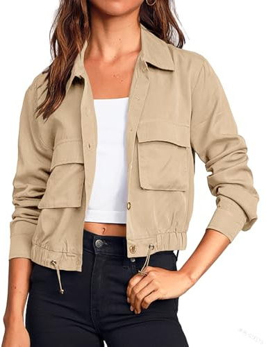 Cicy Bell Women's Military Safari Cropped Jackets Button Down Lightweight Oversized Utility Anorak Coat with Pockets,beige,M