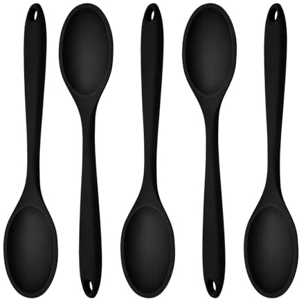 5 Pièces Cuillères Cuisine en Silicone Louche Noire et Cuillère Sauce Set | Louche à Soupe en Silicone, Louche à Sauce, Cuillère en Silicone de Ustensiles pour la Cuisine, Mélange et Remuer