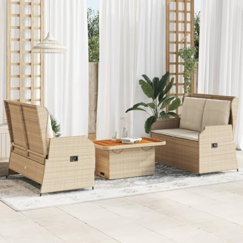 RMIHSJG Salon de jardin 3 pièces avec coussins beige en polyrotin - Ensemble de meubles de jardin avec dossier réglable et housses lavables - Groupe de sièges d'extérieur en rotin synthétique et bois