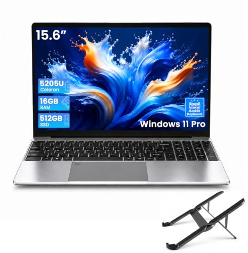 Breloom 2026 Ordenador Portátil 15.6 con Soporte, Celeron 5205U, 16GB RAM 512GB SSD, FHD 1920x1080, Wi-Fi 5, USB 3.0, HDMI, Huella Digital, Win 11 Pro Laptop Portatiles Baratos y Buenos