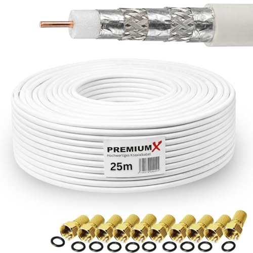 Premium X 25m Deluxe PRO Koaxialkabel 135dB 5-Fach geschirmt, reines Kupfer SAT Antennenkabel 10x F-Stecker (0,84EUR/M)