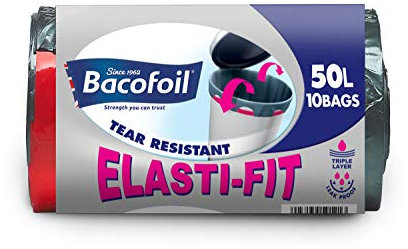 Bacofoil Elasti-Fit Kitchen Bin Liners with elastic tie handles, Ultra Durable, 50L x 10 bags