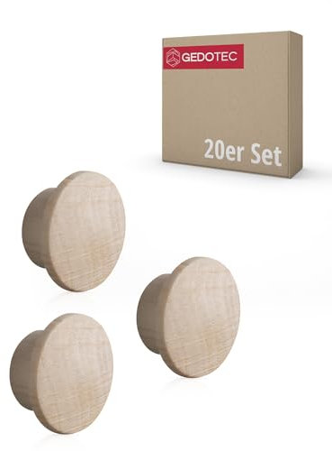 Gedotec Abdeckkappen Loch-Abdeckungen Holz für Blind-Bohrung Ø 10 mm | Massivholz Ahorn naturbelassen | Gesamt Ø 15 mm | Kappen rund zum Eindrücken | 20 Stück - Endkappen für Möbel & Schrauben-Löcher