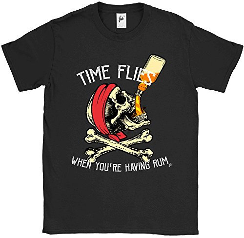 Fancy A Snuggle Time Flies When You're Having Rum Pirate Skull & Crossbones Jolly Roger Drinking Bottle of Rum Mens T-Shirt Black X-Large