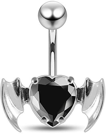 Monster Piercing Schwarze Farbe Fancy Crystal Herzstein mit Fledermaus Flügelstreifen Sterling Silber Bauch Piercing