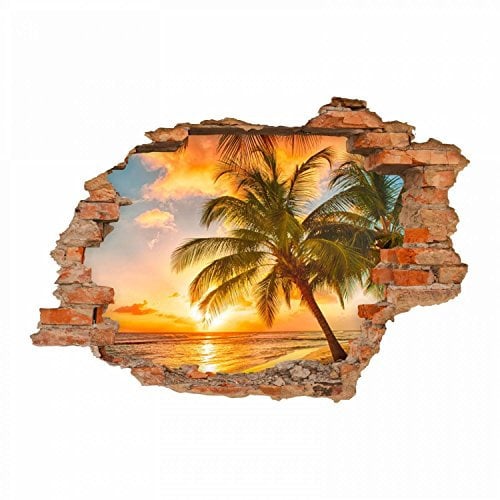 094 Wandtattoo Paradies Sonnenuntergang Strand Palmen - Loch in der Wand - in 6 Größen - Kinderzimmer Sticker Aufkleber Wanddeko Wandbild - Größe 1250 x 870 mm
